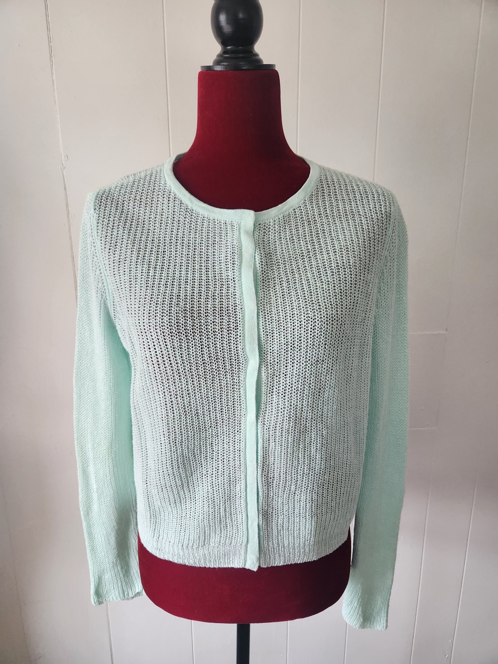 Eileen Fisher Mint Open-Weave Crewneck Cardigan